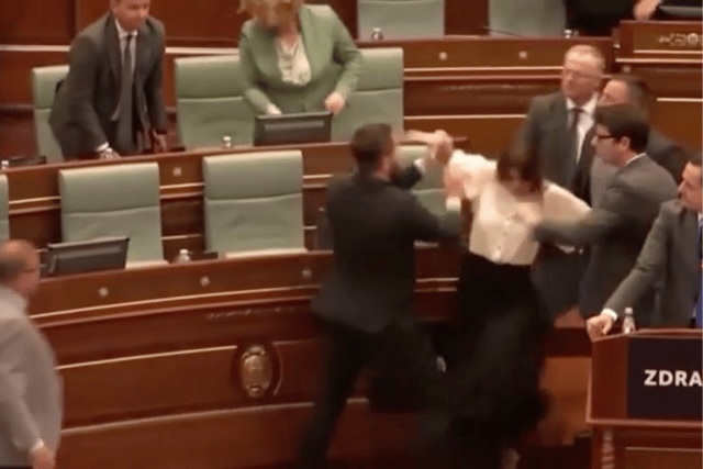 A brawl broke out at the Kosovo parliament between governing coalition lawmakers and the opposition