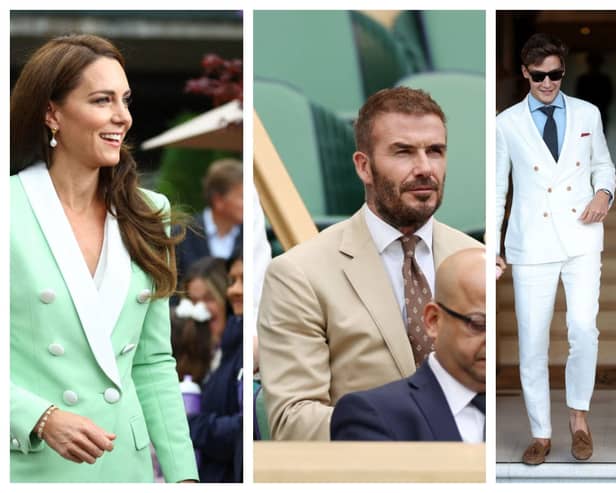 The Princess of Wales, David Beckham and F1's George Russell and girlfriend Camen Montero Mundt have wowed with their fashion choices at Wimbledon 2023. Photographs by Getty