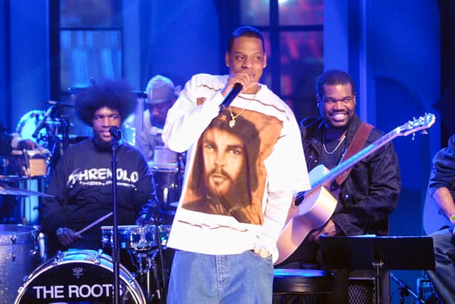 Jay-Z performs with The Roots on "MTV Unplugged" at the MTV studios in New York City.  11/18/01  Photo by Scott Gries/ImageDirect