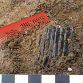 The 3,000-year-old  carbonised comb found during an excavation in Wales (Red River Archaeology Group). A modern comb is pictured on the left