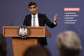 Rishi Sunak has his five "priorities" - which he initially described as promises - listed next to him for press conferences. Credit: Getty