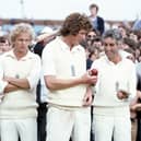  England captain Mike Brearley (r) shares a joke with Bob Willis (c) as Geoffrey Boycott (l) and David Gower look on after England had beaten Australia in the 5th Cornhill Test Match to regain the Ashes at Old Trafford on August 17, 1981 in Manchester, England. (Photo by Adrian Murrell/Allsport/Getty Images/Hulton Archive)