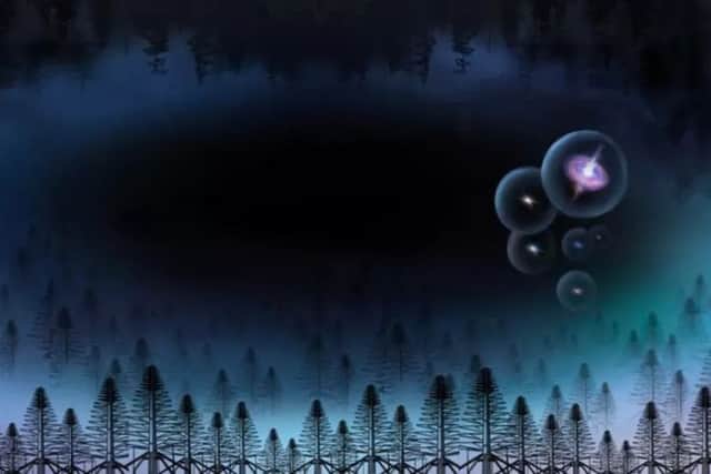 An illustration shows early galaxies wrapped in dark matter lurking in an ominous shadowland representing the "21 centimeter forest." (Image credit: NAOC & NEU)