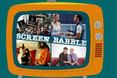 The orange Screen Babble television, featuring images from the SAG-AFTRA strike, Fifteen-Love, Con Man, and Champion, as discussed in Screen Babble episode 35 (Credit: NationalWorld Graphics)