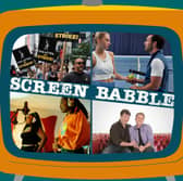 The orange Screen Babble television, featuring images from the SAG-AFTRA strike, Fifteen-Love, Con Man, and Champion, as discussed in Screen Babble episode 35 (Credit: NationalWorld Graphics)