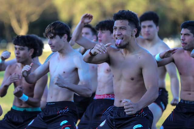 Maori Haka is performed by the Maori Football Aotearoa team after a match between Camden Tiger's Indigenous Football Program and Maori Football Aotearoa during the Inaugural International Festival of Indigenous Football at Carbiz Stadium at Camden on July 09, 2023 in Sydney, Australia. (Photo by Roni Bintang/Getty Images)