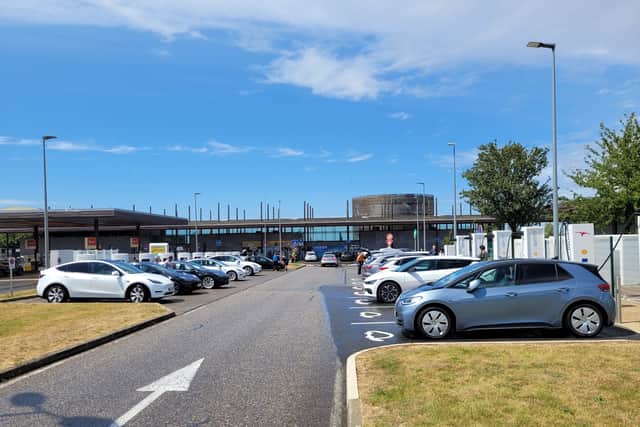 Most motorway service areas are well served with numerous and high-powered charging points (Photo: Matt Allan)