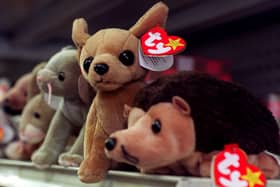 Beanie Babies sit on the shelf of a variety store waiting for a new owner 01 September 1999 in Washington DC. The maker of Beanie Babies,  Ty Inc., announced "All Beanies will be retired" as of 31 December 1999.   (Photo credit should read JOYCE NALTCHAYAN/AFP via Getty Images)