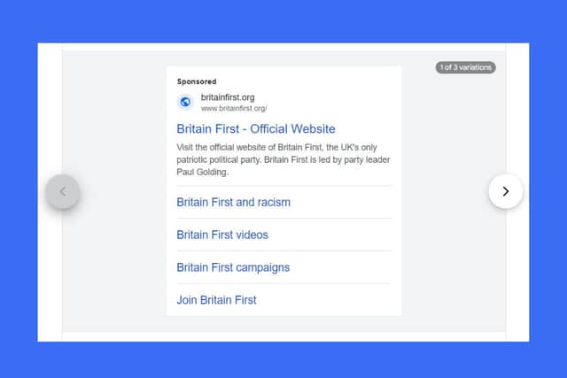The Britain First ad currently running on Google ads. Image: Google Ads Transparency Center/Britain First 