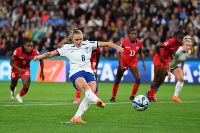 Georgia Stanway of England shoots from the penalty spot
