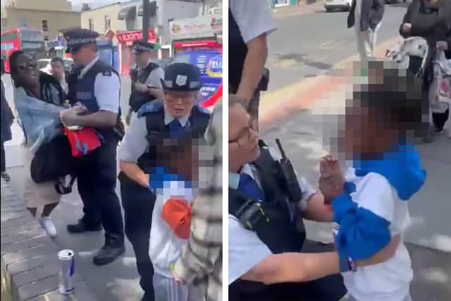 Screenshot of video showing Met Police officers arresting a mother in front of her crying son. Credit: @Saskia_Cole on Twitter. 