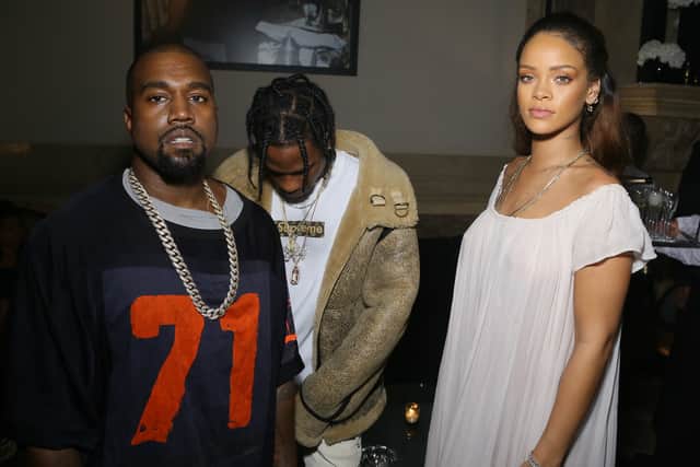 Ye, Travis Scott and Rihanna attend Vogue 95th Anniversary Party on October 3, 2015 in Paris, France.  (Photo by Victor Boyko/Getty Images for Vogue)
