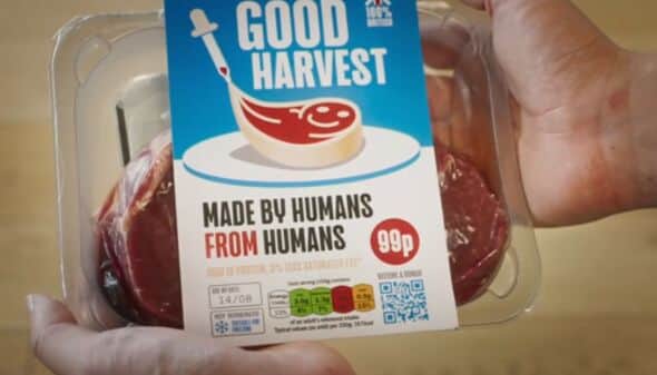 Gregg tries the 'human meat' steaks in the mockumentary