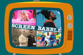 The orange Screen Babble television, featuring images from Barbie, Dreaming Whilst Black, the 2023 World Cup, and Good Omens, as discussed in episode 36 (Credit: NationalWorld Graphics)