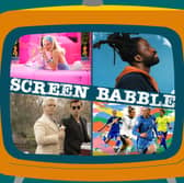 The orange Screen Babble television, featuring images from Barbie, Dreaming Whilst Black, the 2023 World Cup, and Good Omens, as discussed in episode 36 (Credit: NationalWorld Graphics)