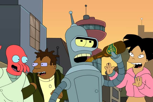 Billy West as Dr Zoidberg, Phil LaMarr as Hermes Conrad, John DiMaggio as Bender, and Lauren Tom as Amy Wong in Futurama S11 (Credit: Hulu)