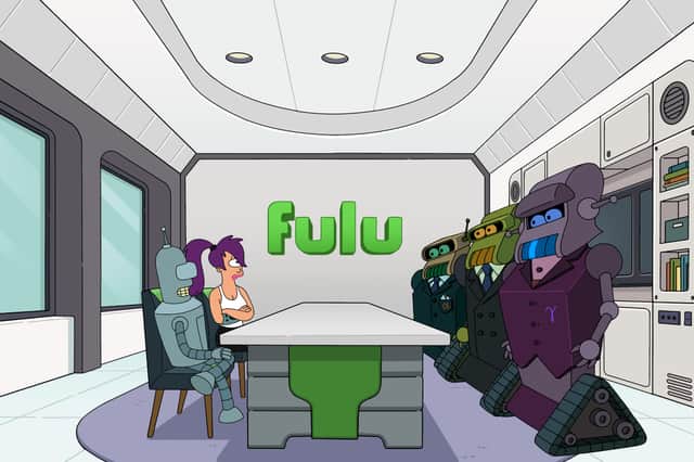 John DiMaggio as Bender and Katey Sagal as Leela in Futurama S11, meeting with the robot executives of futuristic streaming service FULU (Credit: HULU)