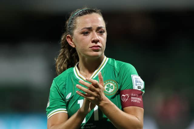 A teary Katie McCabe salutes the supporting Irish contingent. Cr: Getty Images