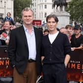 Christopher Nolan and Cillian Murphy attend the photocall for "Oppenheimer" in Trafalgar Square on July 12, 2023 in London, England. (Photo by Gareth Cattermole/Getty Images)