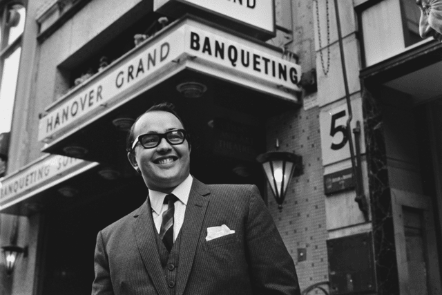 British businessman Joe Lewis outside his West End club, the Hanover Grand, London, UK, 20th October 1966. (Photo by Evening Standard/Hulton Archive/Getty Images)