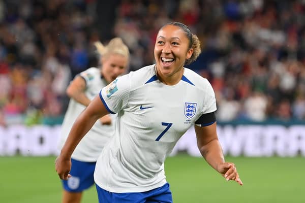 Lauren James of England celebrates after scoring her team’s first goal against Denmark at the World Cup