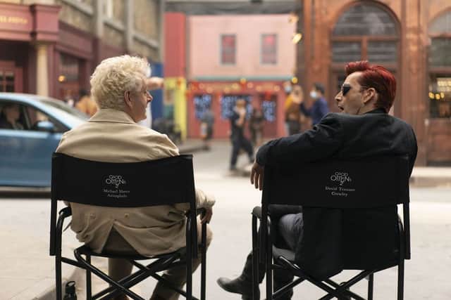 Michael Sheen and David Tennant on the set of Good Omens season 2