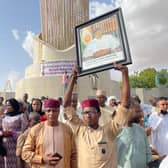 Supporters of Nigerien President Mohamed Bazoum gather to show their support for him in Niamey on July 26, 2023. (Photo by -/AFP via Getty Images)