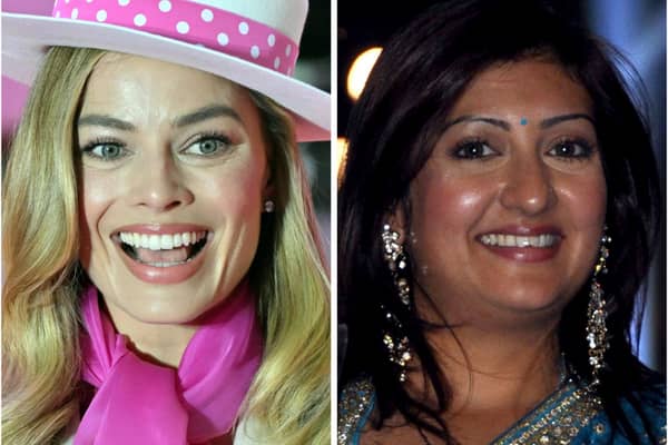 Actress Juhi Parmar (right) has said the Barbie film is 'inappropriate' for children and took her own daughter, aged 10, out of a showing of the film in which actress Margot Robbie (left) portrays the titular character. Photos by Getty Images.