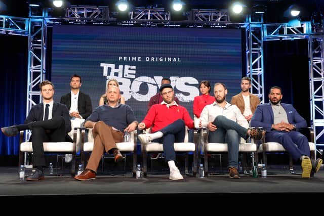 (Top L-R) Antony Starr, Erin Moriarty, Jessie Usher, Karen Fukuhara, Chace Crawford, (Bottom L-R) Jack Quaid, Eric Kripke, Seth Rogen, Evan Goldberg, and Laz Alonso of the television show 'The Boys'  speak during the Amazon Prime Video Session of the 2019 Winter Television Critics Association Press Tour at The Langham Huntington, Pasadena on February 13, 2019 in Pasadena, California. (Photo by Frederick M. Brown/Getty Images)