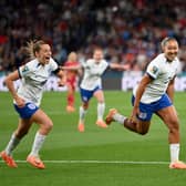 Lauren James celebrates scoring England’s only goal against Denmark