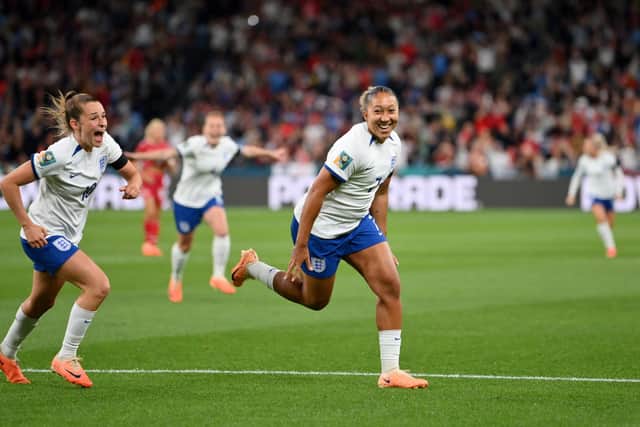 Lauren James celebrates scoring England’s only goal against Denmark