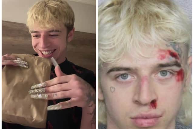 TikTok star Wyatt Yeager, known as Icy Wyatt, is best known for inviting his followers to eat with him as he rates fast food (left), but he's been arrested for assault. Right is his mugshot. Photos by TIkTok/IcyWyatt