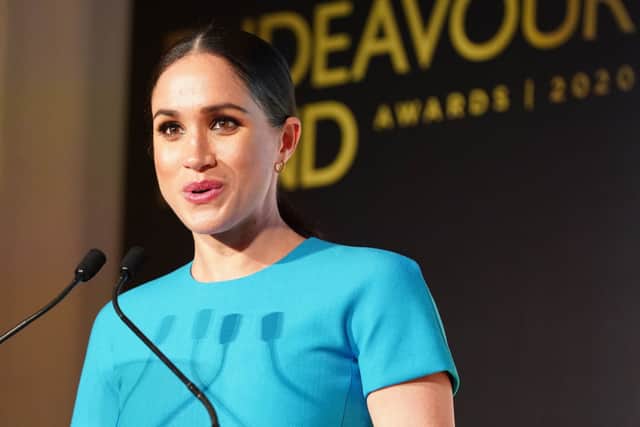 LONDON, ENGLAND - MARCH 05: Meghan, Duchess of Sussex announces an award during the annual Endeavour Fund Awards at Mansion House on March 5, 2020 in London, England. Their Royal Highnesses will celebrate the achievements of wounded, injured and sick servicemen and women who have taken part in remarkable sporting and adventure challenges over the last year. (Photo by Paul Edwards - WPA Pool/Getty Images)