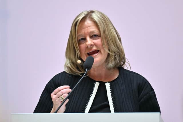 Allison Kirkby, President and CEO of Swedish multinational telecommunications company Telia, speaks during the annual general assembly of Telia Company AB in Solna, Stockholm, Sweden on April 5, 2023. (Photo by Claudio BRESCIANI / various sources / AFP)