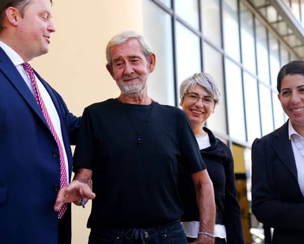 David Hunter with his defence team (right) and Michael Polak, the director of Justice Abroad, speaking to the media outside Paphos District Court in Cyprus after he was released from custody by Cypriot prison authorities. Mr Hunter was earlier sentenced to two years in prison for the manslaughter of his terminally-ill wife Janice, 74, who died of asphyxiation at the couple's home near Paphos, Cyprus in December 2021