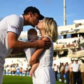 LONDON, ENGLAND - JULY 31: Stuart Broad of England interacts with Partner Mollie King and their daughter following Day Five of the LV= Insurance Ashes 5th Test Match between England and Australia at The Kia Oval on July 31, 2023 in London, England. (Photo by Gareth Copley/Getty Images)