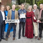 L-R: Stefan Dennis Annie Jones, Geoff Paine, Guy Pearce, Lucinda Cowden, Ian Smith, and Paul Keane on the set of Neighbours' 'finale' in 2022 (Photo: Freemantle)
