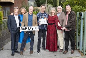 L-R: Stefan Dennis Annie Jones, Geoff Paine, Guy Pearce, Lucinda Cowden, Ian Smith, and Paul Keane on the set of Neighbours' 'finale' in 2022 (Photo: Freemantle)