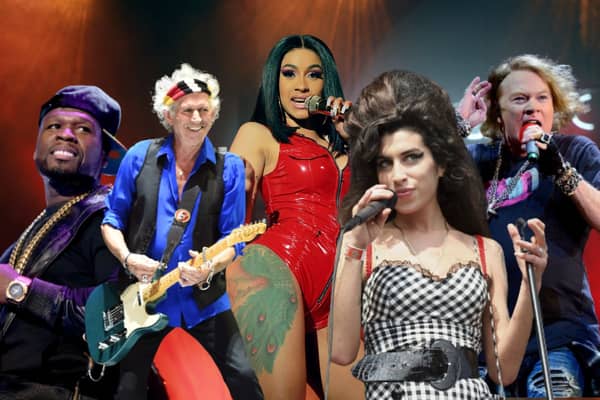 50 Cent, Keith Richards, Cardi B, Amy Winehouse, and Axl Rose have all been involved in altercations while performing (Getty)