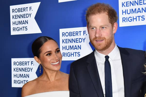 Prince Harry, Duke of Sussex, and Meghan, Duchess of Sussex, arrive at the 2022 Robert F. Kennedy Human Rights Ripple of Hope Award Gala at the Hilton Midtown in New York on December 6, 2022. (Photo by ANGELA WEISS / AFP) (Photo by ANGELA WEISS/AFP via Getty Images)