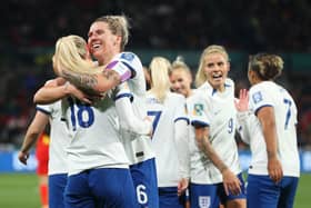 Millie Bright and her England side celebrate Chloe Kelly's goal in their 6-1 win over China. Cr: Getty Images