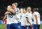 Millie Bright and her England side celebrate Chloe Kelly's goal in their 6-1 win over China. Cr: Getty Images