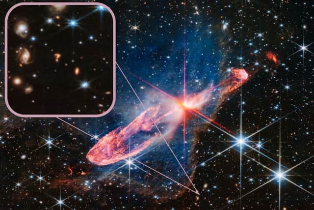 NASA's James Webb Space Telescope has captured a tightly bound pair of actively forming stars, known as Herbig-Haro 46/47, in high-resolution near-infrared light.  (Image credit: NASA, ESA, CSA. Image Processing: Joseph DePasquale (STScI)/post-processing inset image Daisy Dobrijevic)