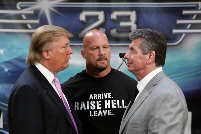 Donald Trump, wrestler Stone Cold Steve Austin and WWE Chairman Vince McMahon attend the press conference held by Battle of the Billionaires to announce the details of Wrestlemania 23 at Trump Tower on March 28, 2007 in New York City. (Photo by Bryan Bedder/Getty Images)