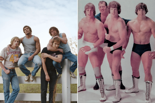The cast of "The Iron Claw" (left) and the Von Erich family during their heyday on the wrestling territories (Credit: Rasslin' History 101/A24)