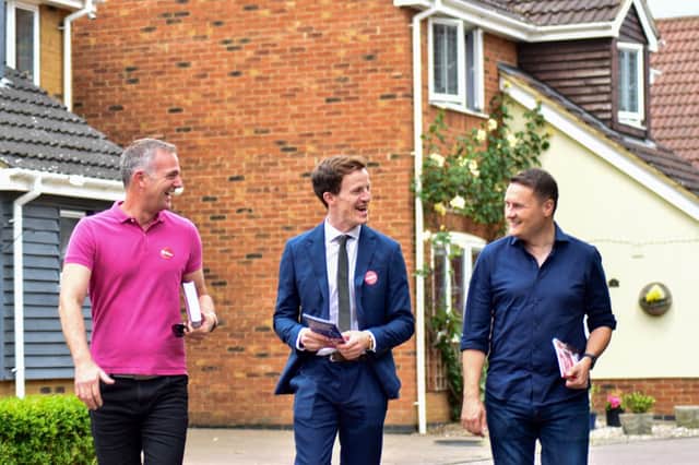 (L-R) Labour MP Peter Kyle, Mid Bedfordshire candidate Alistair Strathern and Shadow Health Secretary Wes Streeting. Credit: Alistair Strathern