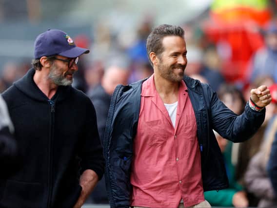 Hugh Jackman joined Ryan Reynolds at Wrexham to see the club play. Pic: Getty