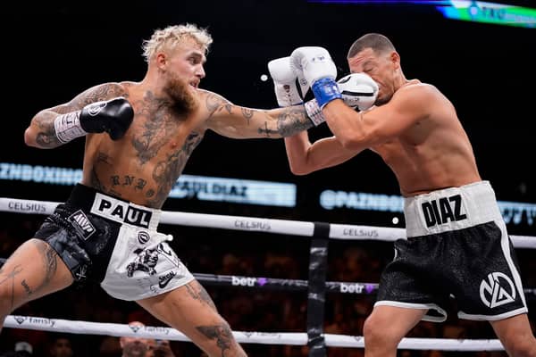 Jake Paul throws a left at Nate Diaz during the first round of their fight (Photo: Sam Hodde/Getty Images)