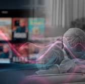 A composite image of a streaming library landing page blurring into a black and white image of an elderly couple watching television, with a cyan and magenta wave through the middle (Credit: NationalWorld Graphics)