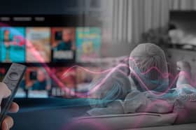 A composite image of a streaming library landing page blurring into a black and white image of an elderly couple watching television, with a cyan and magenta wave through the middle (Credit: NationalWorld Graphics)